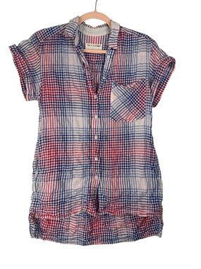 Rag & Bone Plaid Short-Sleeve Button-Down Blouse- Red/White/Blue- S- MSRP $220